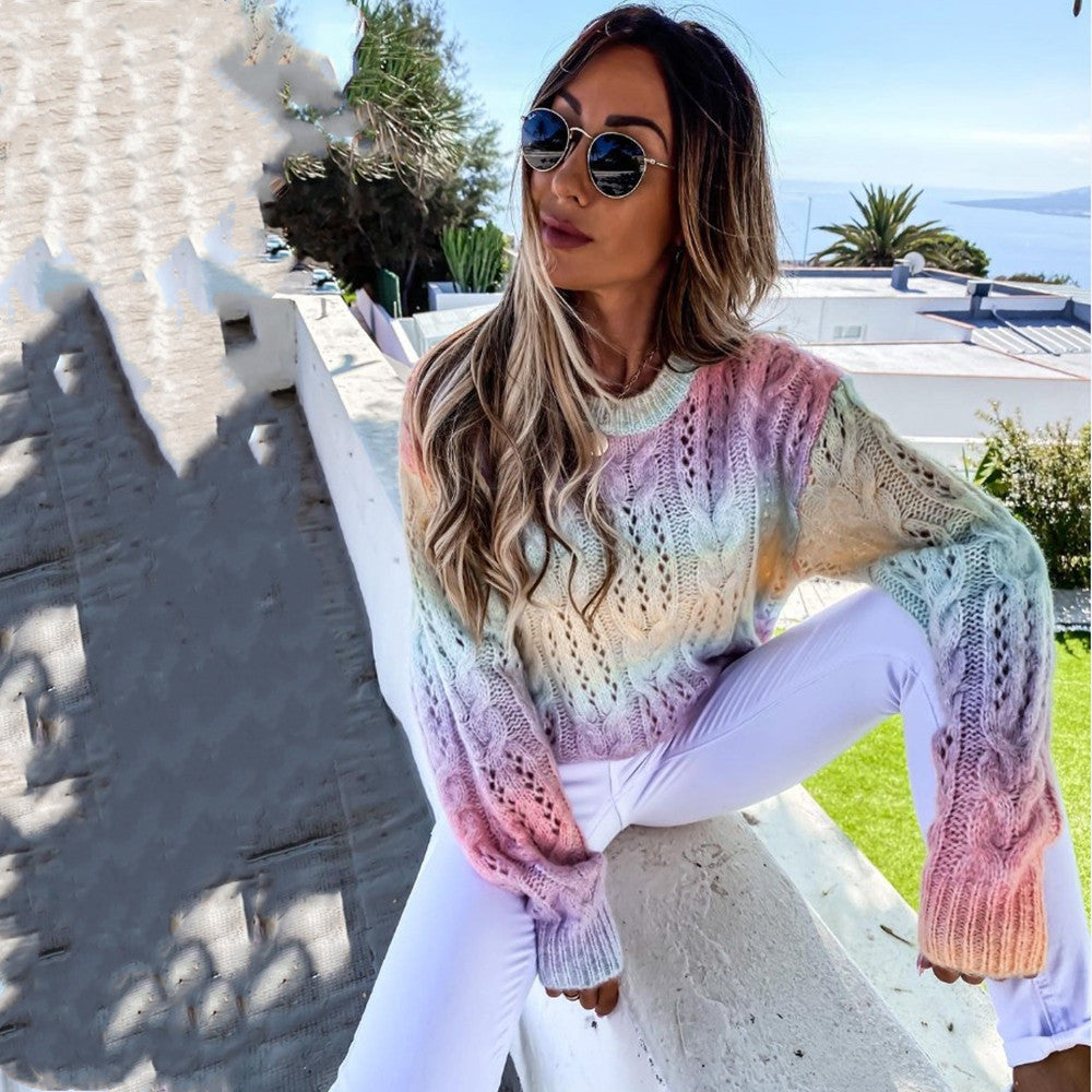 Irregular Gradient Tie-dye Rainbow Sweater Round Neck Cutout Mohair Pullover