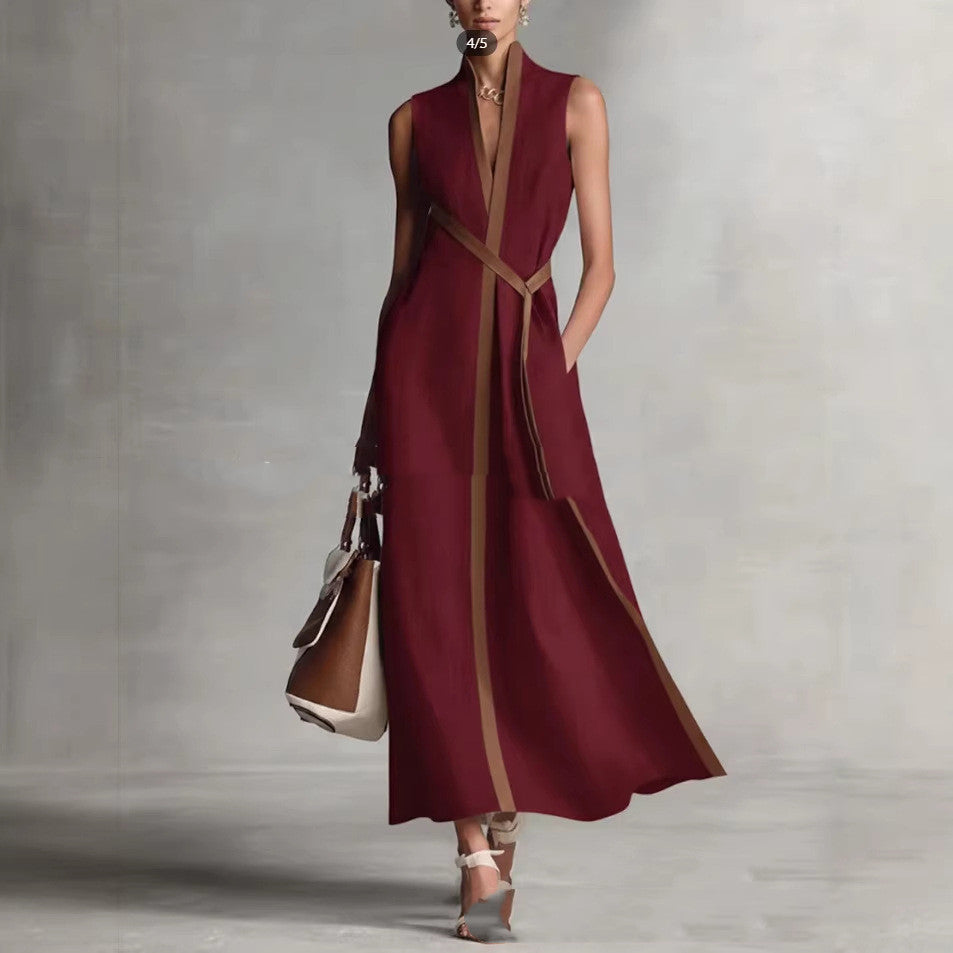 Stand-up Collar Sleeveless Casual Contrast-color Loose Dress