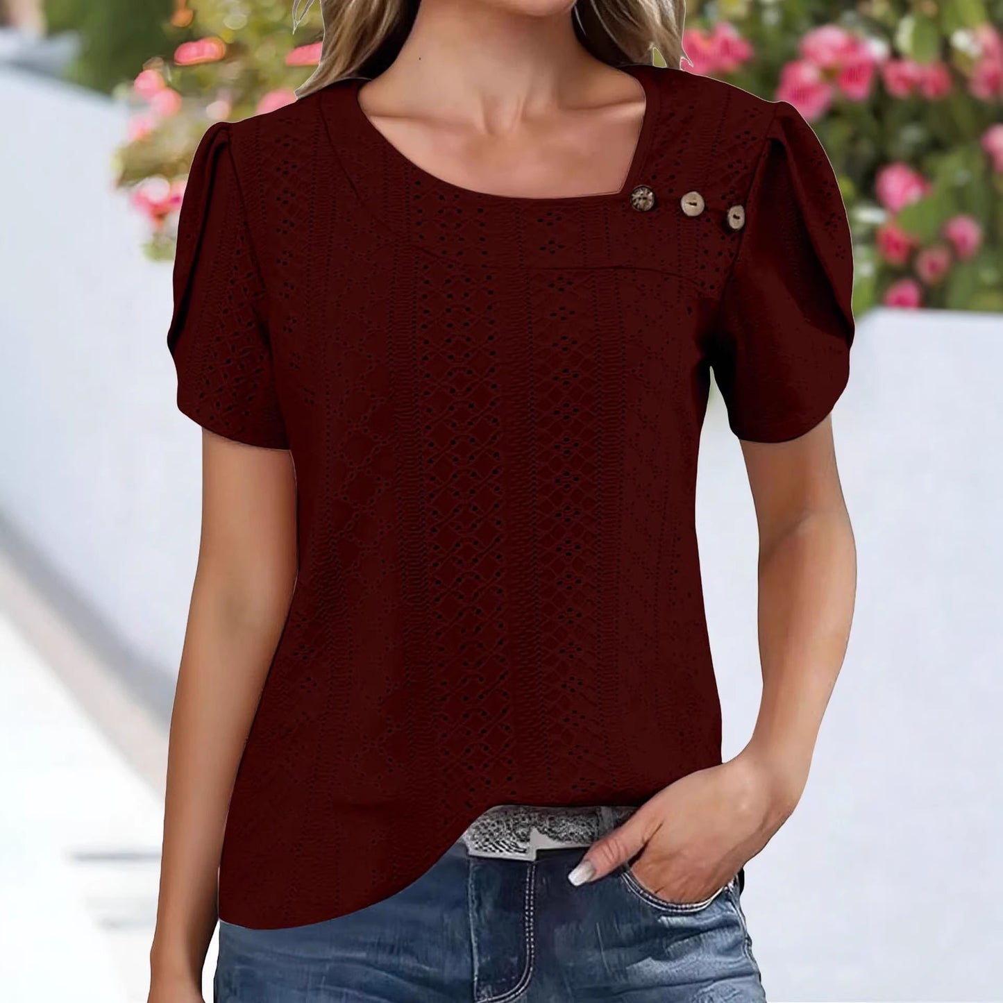 V-neck Casual Buttoned Solid-color Womens Top