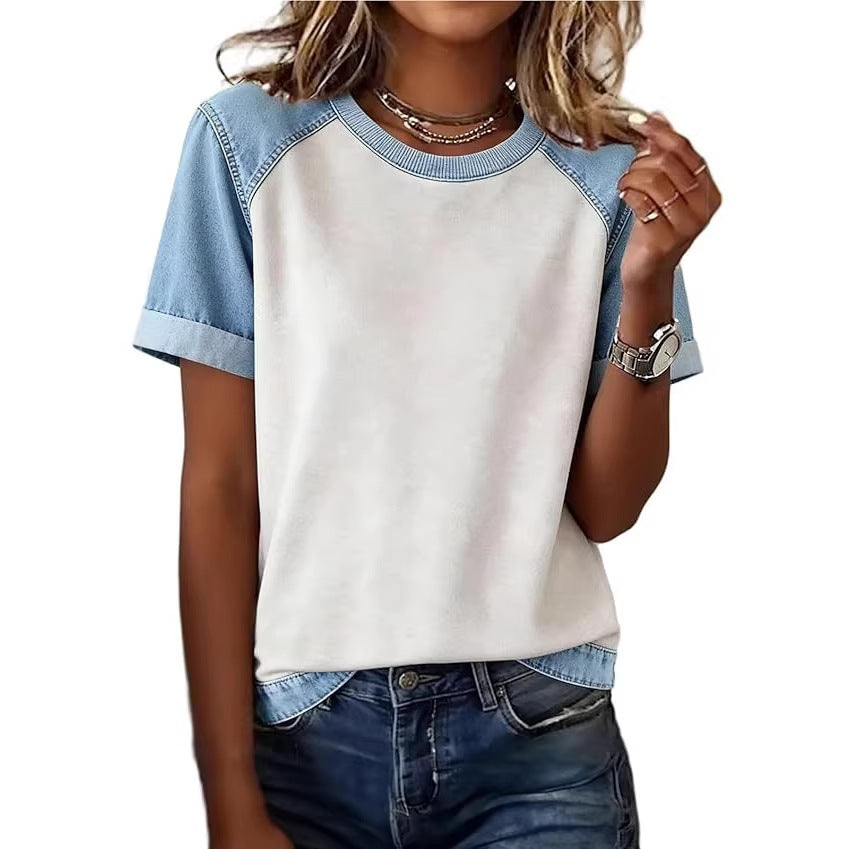 Denim Patchwork Crew Neck Short-sleeve Loose Casual Everyday Versatile