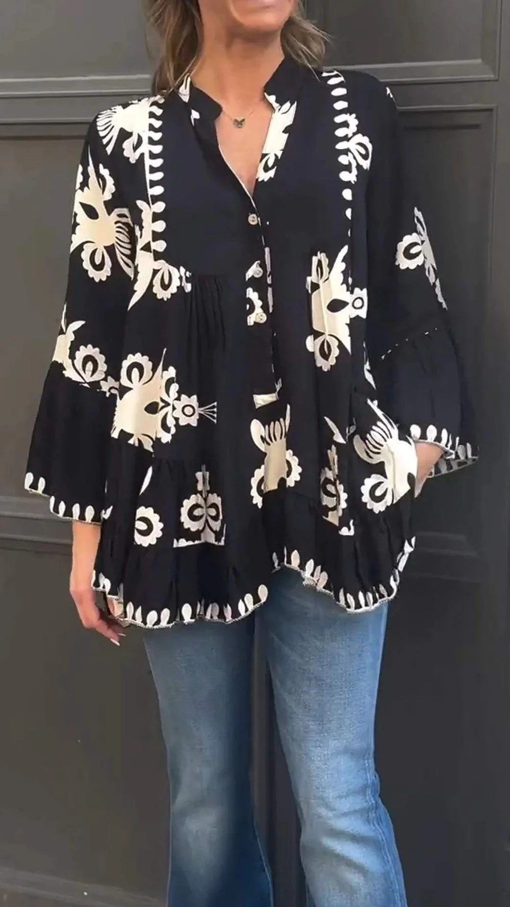 New Cross-border Foreign Trade European And American Women's Irregular V-neck Casual Loose Long Sleeved Ruffled Women's Shirt