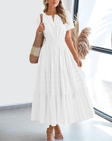 Vneck Pleated Puff Sleeve Layered Maxi Dress For Women