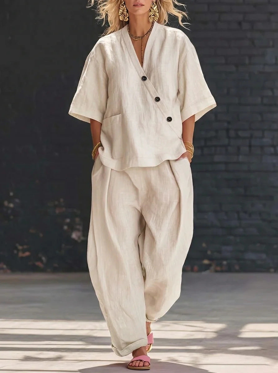 V-neck Loose-fit Short-sleeve Top And High-waist Trousers Two-piece Set