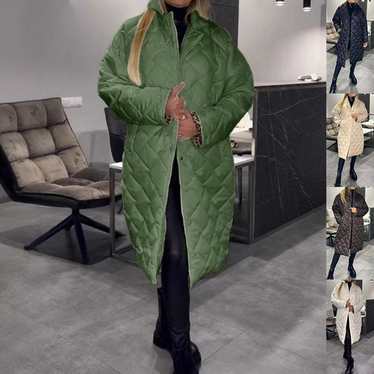 Winter Rhombus Stitching Coat Warm Solid Color Pocket Lapel Long Jacket Women's Clothing