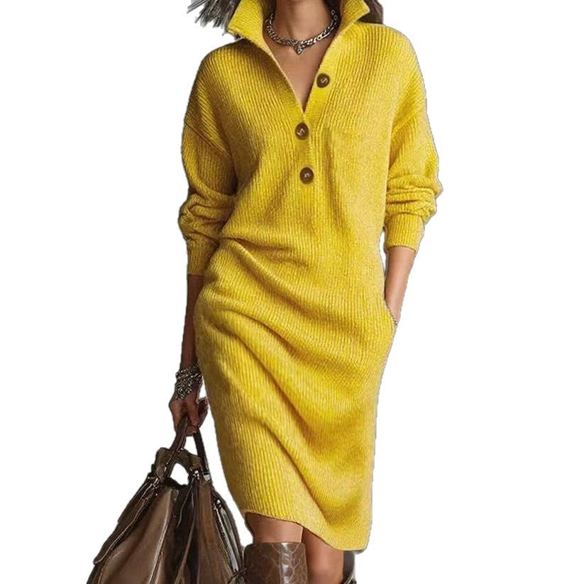 Long-sleeved Sweater Dress Fashion Warm Stand-up Collar V-neck Button Pullover Dresses Winter Casual Commuting Women's Clothing