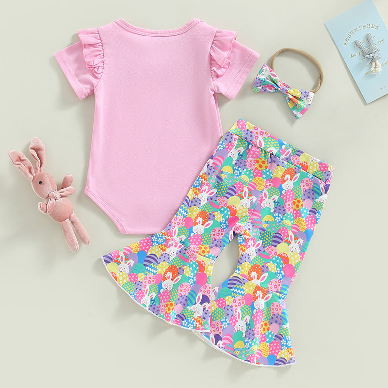 Short-sleeve Romper Bunny-print Flared Pants And A Bow Tiethree-piece Set