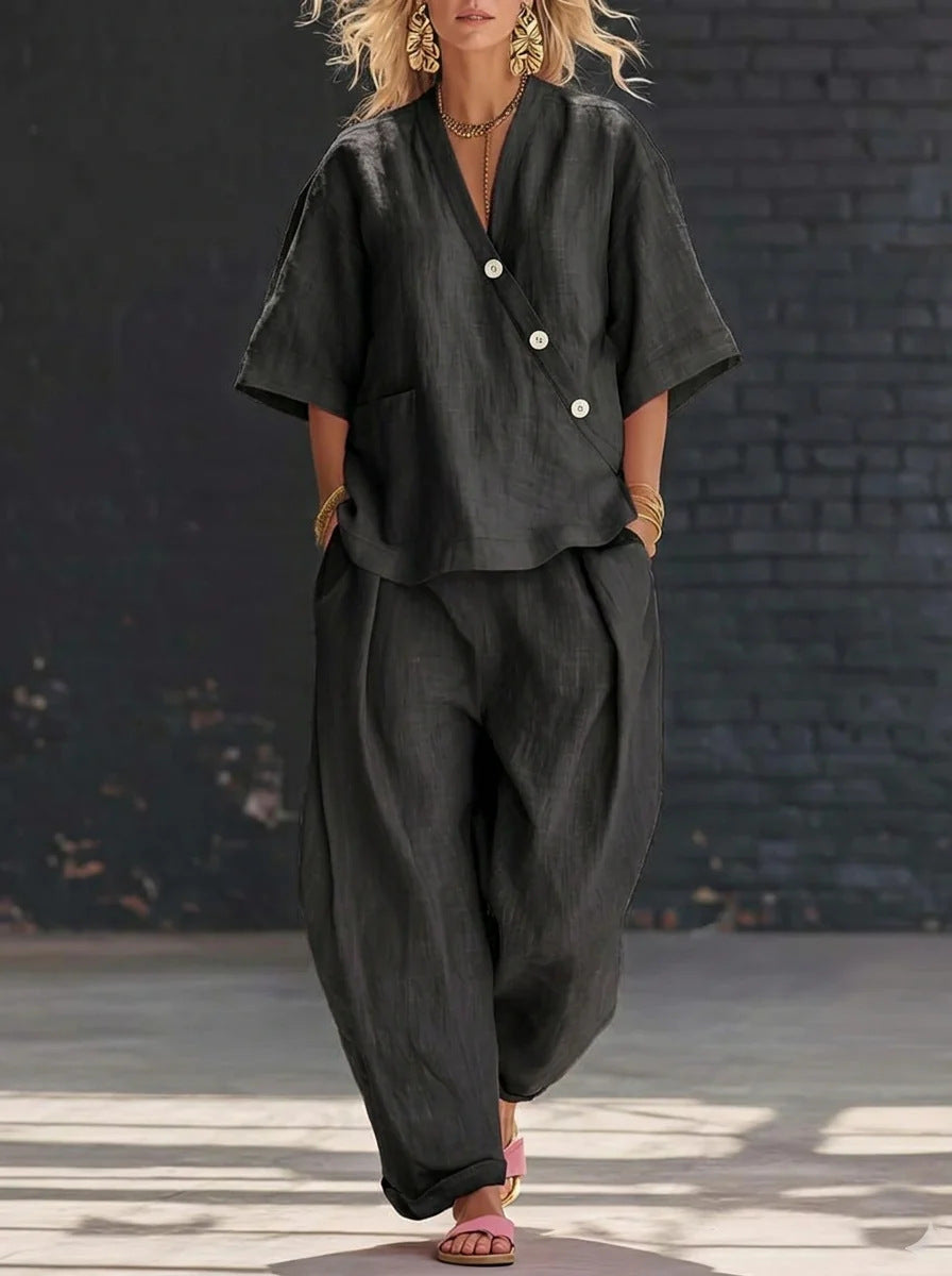 V-neck Loose-fit Short-sleeve Top And High-waist Trousers Two-piece Set