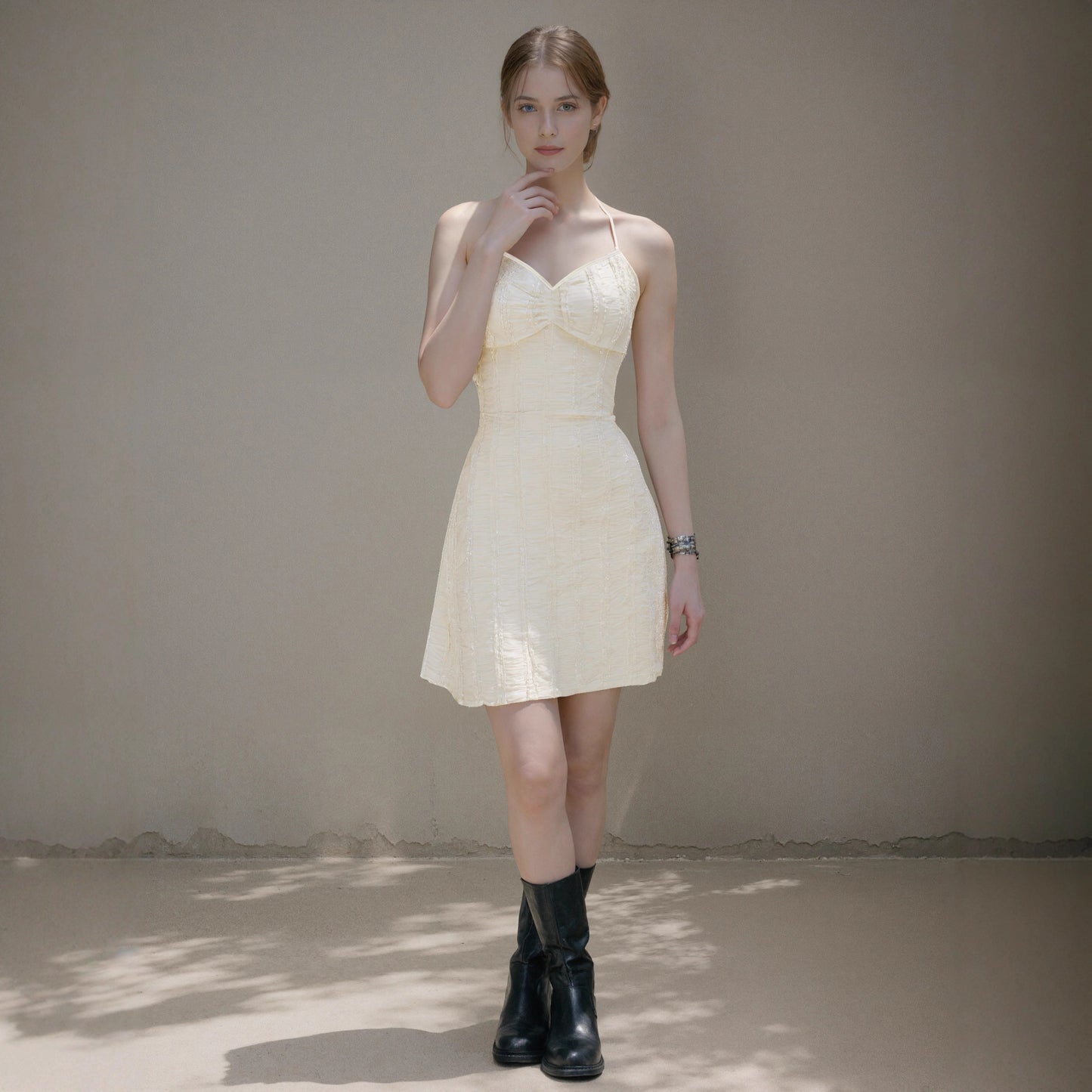 Knitted Jacquard Lace-up V-Neck Sleeveless Mini Dress