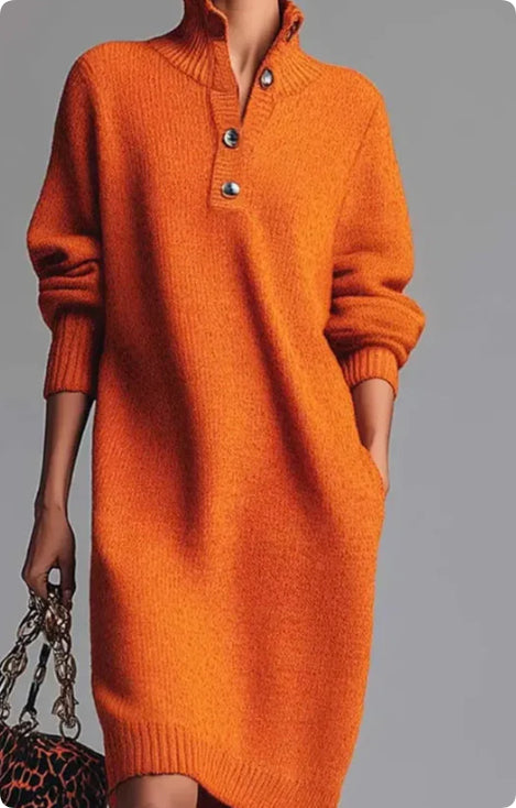 Long-sleeved Sweater Dress Fashion Warm Stand-up Collar V-neck Button Pullover Dresses Winter Casual Commuting Women's Clothing