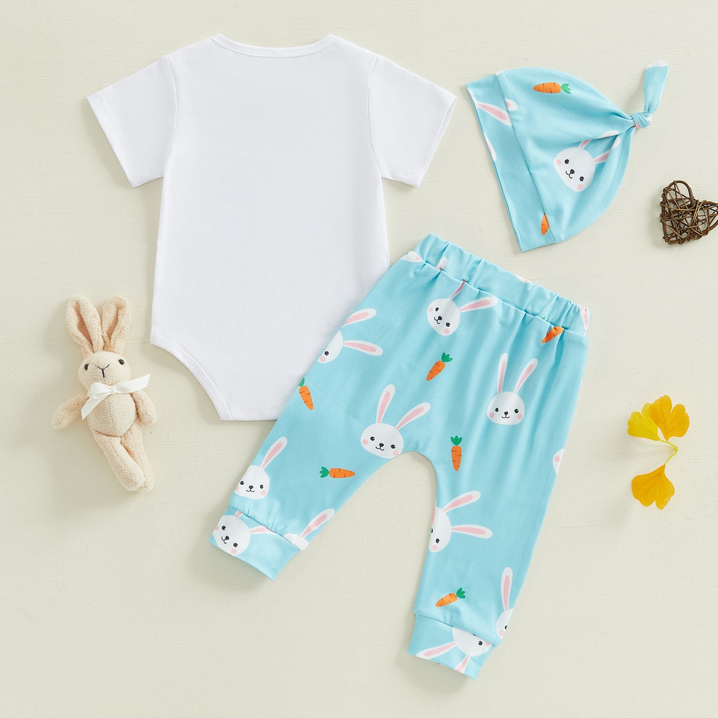 Rabbit-print Short-sleeve Romper Long Style Hat Three-piece Set