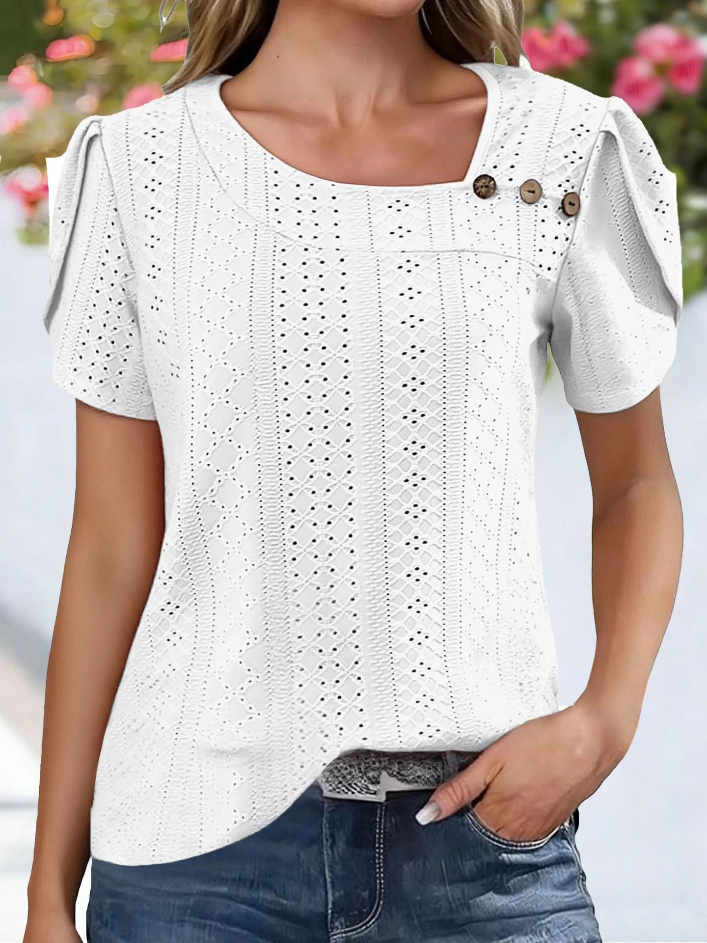V-neck Casual Buttoned Solid-color Womens Top
