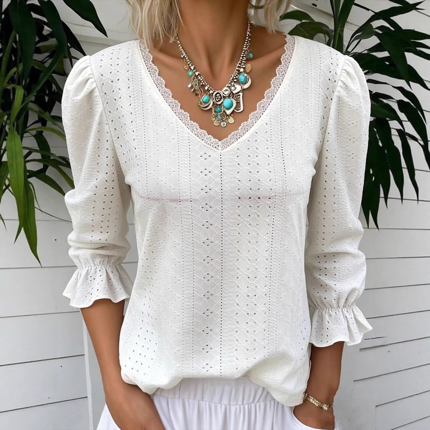 Spring Women's V Neck Hollowed Out Mid Sleeve Top For Women