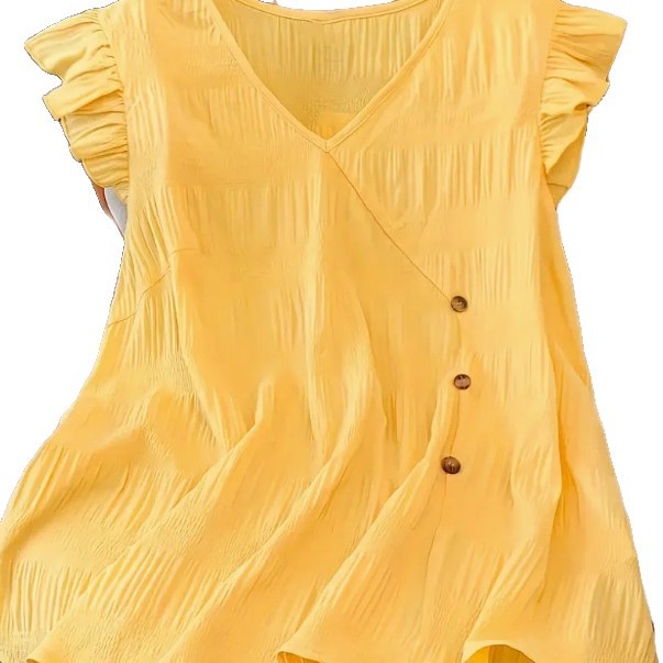 Solid-color Patchwork V-neck Ruffled Short-sleeve T-shirt For Women