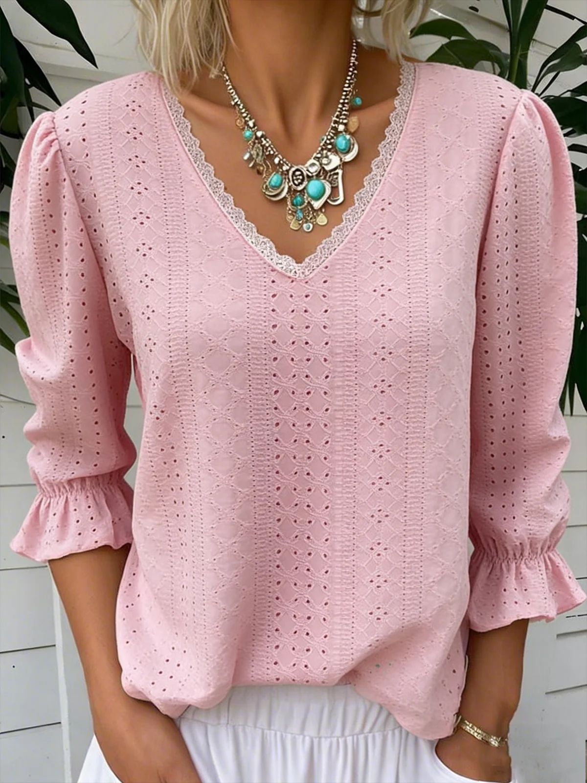 Spring Women's V Neck Hollowed Out Mid Sleeve Top For Women