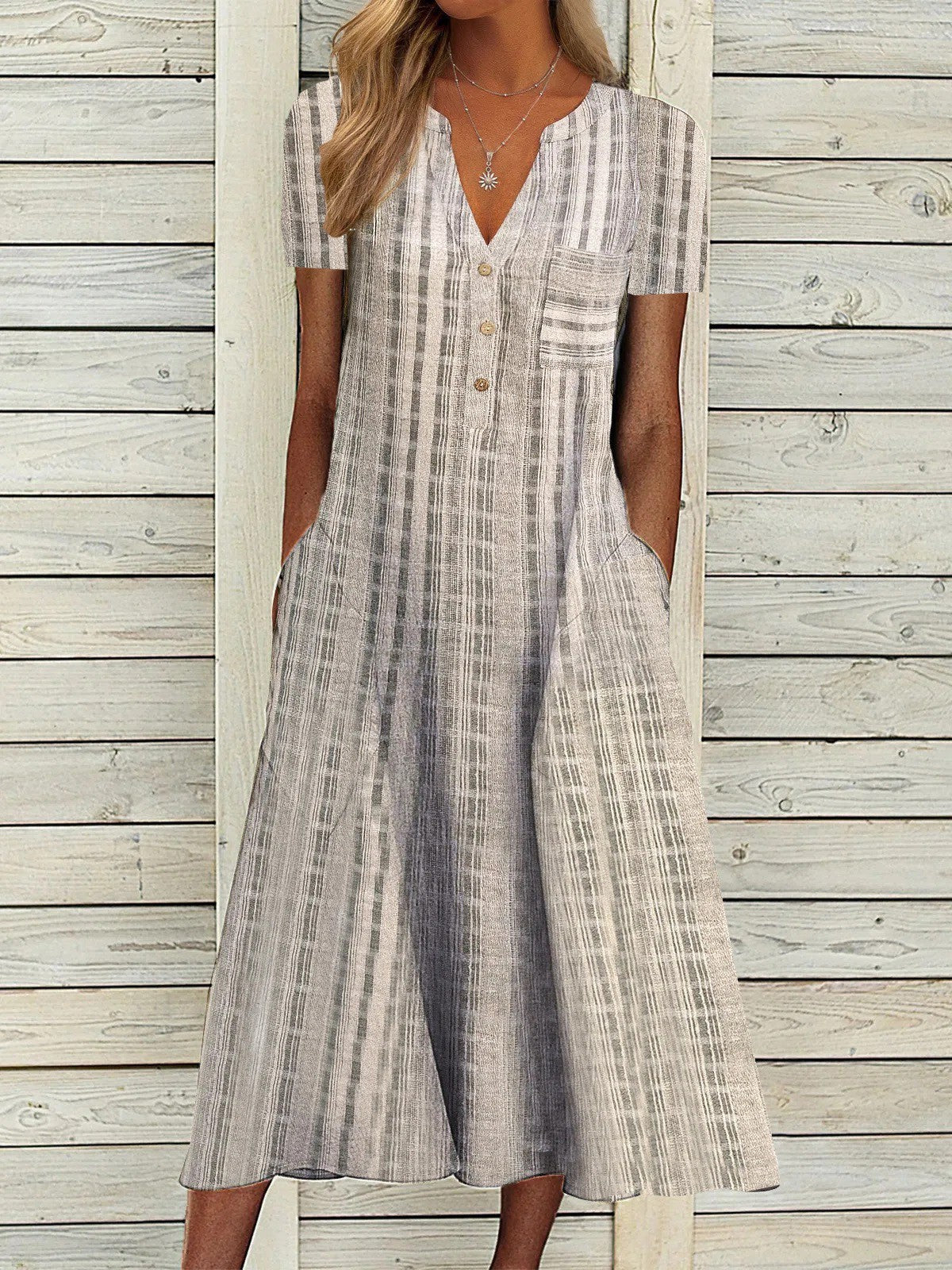 Fashionable Pocketed V-Neck Striped Casual Dress For Women