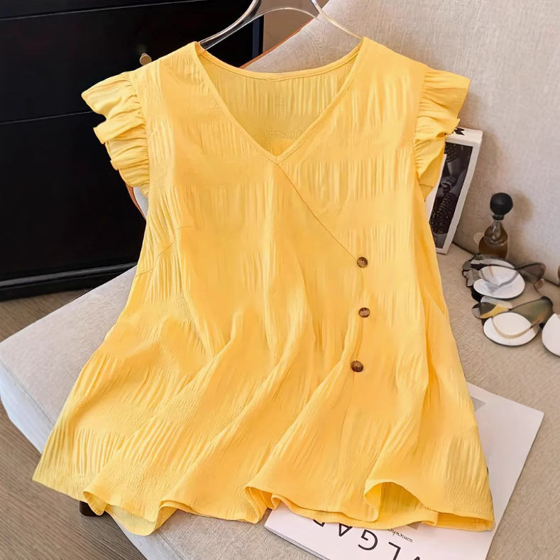 Solid-color Patchwork V-neck Ruffled Short-sleeve T-shirt For Women