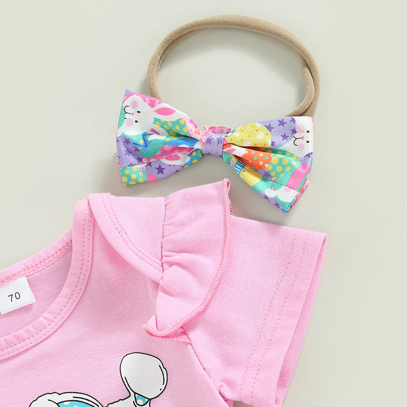 Short-sleeve Romper Bunny-print Flared Pants And A Bow Tiethree-piece Set