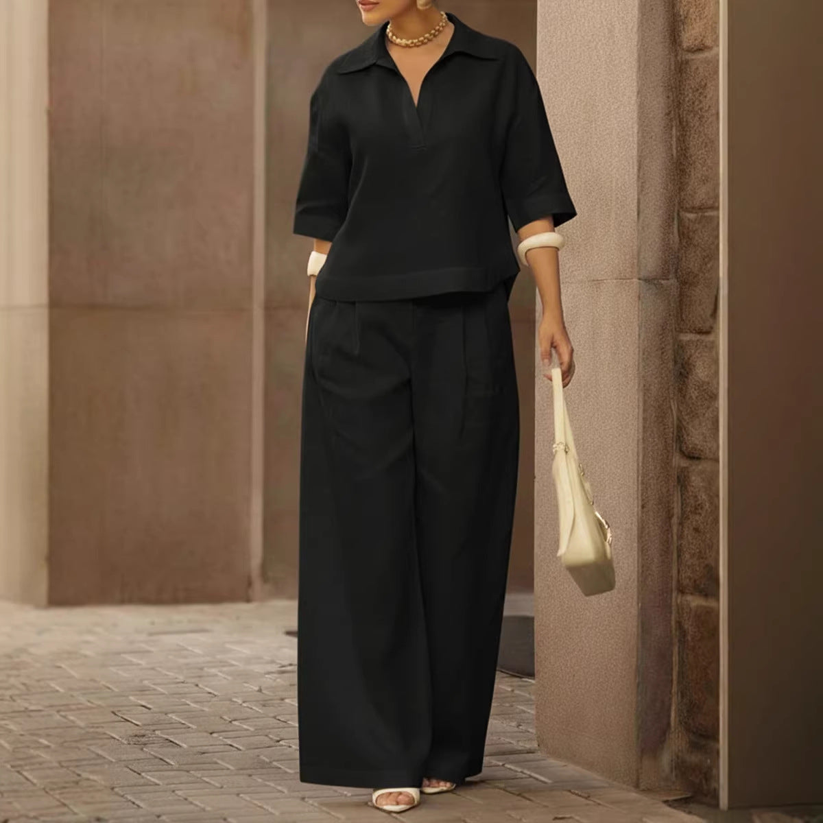 Solid-color Slimming Versatile Wide-leg Pants Two-piece Set