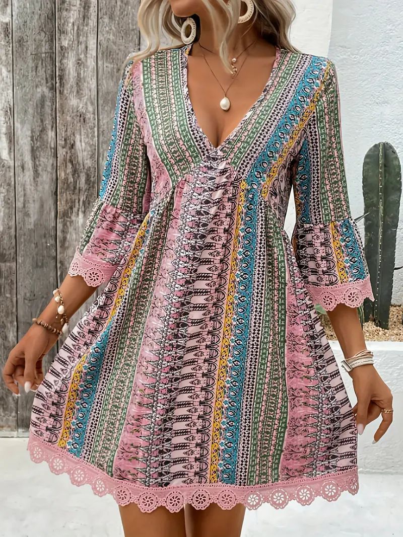 Bohemian Style V-neck Printed Dress Fashion Casual Loose Beach Dresses For Women