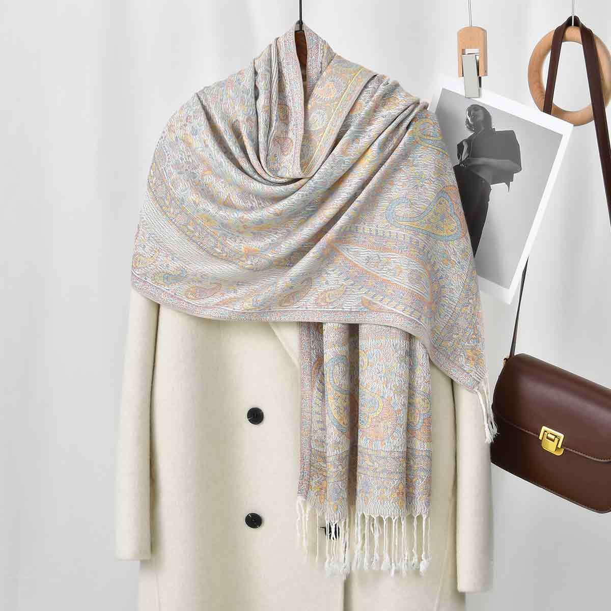 Cashew Printed Thick Jacquard Tassel Shawl For Women