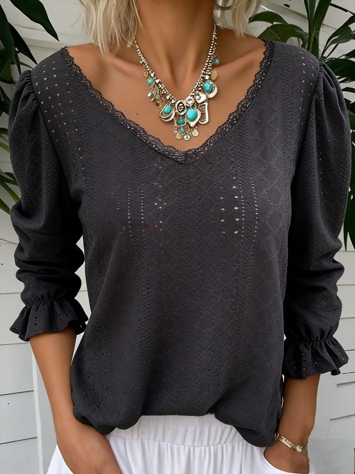 Spring Women's V Neck Hollowed Out Mid Sleeve Top For Women