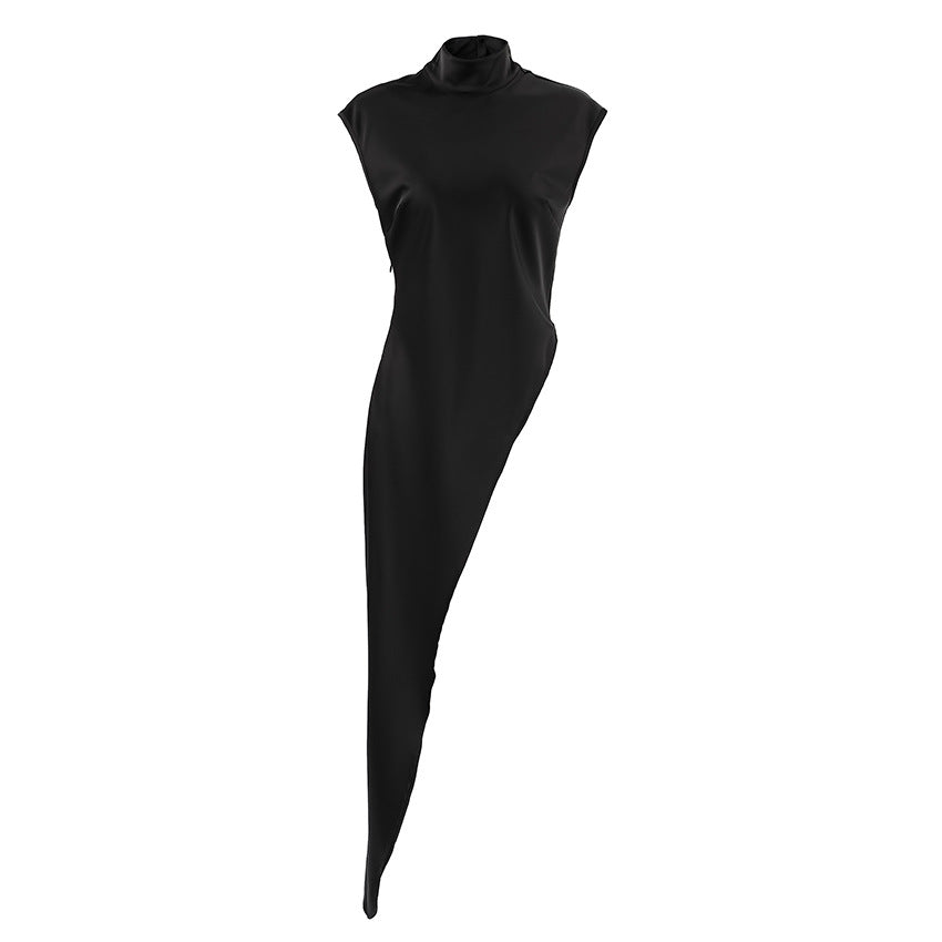 Loose Fitting High Neck Sleeveless Asymmetrical Dress For Women