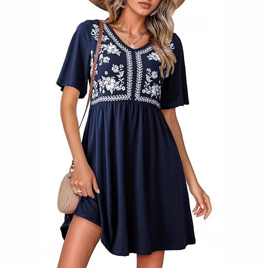 Casual Loose V-Neck Printed Defined-Waist Short-Sleeve Womens Dress