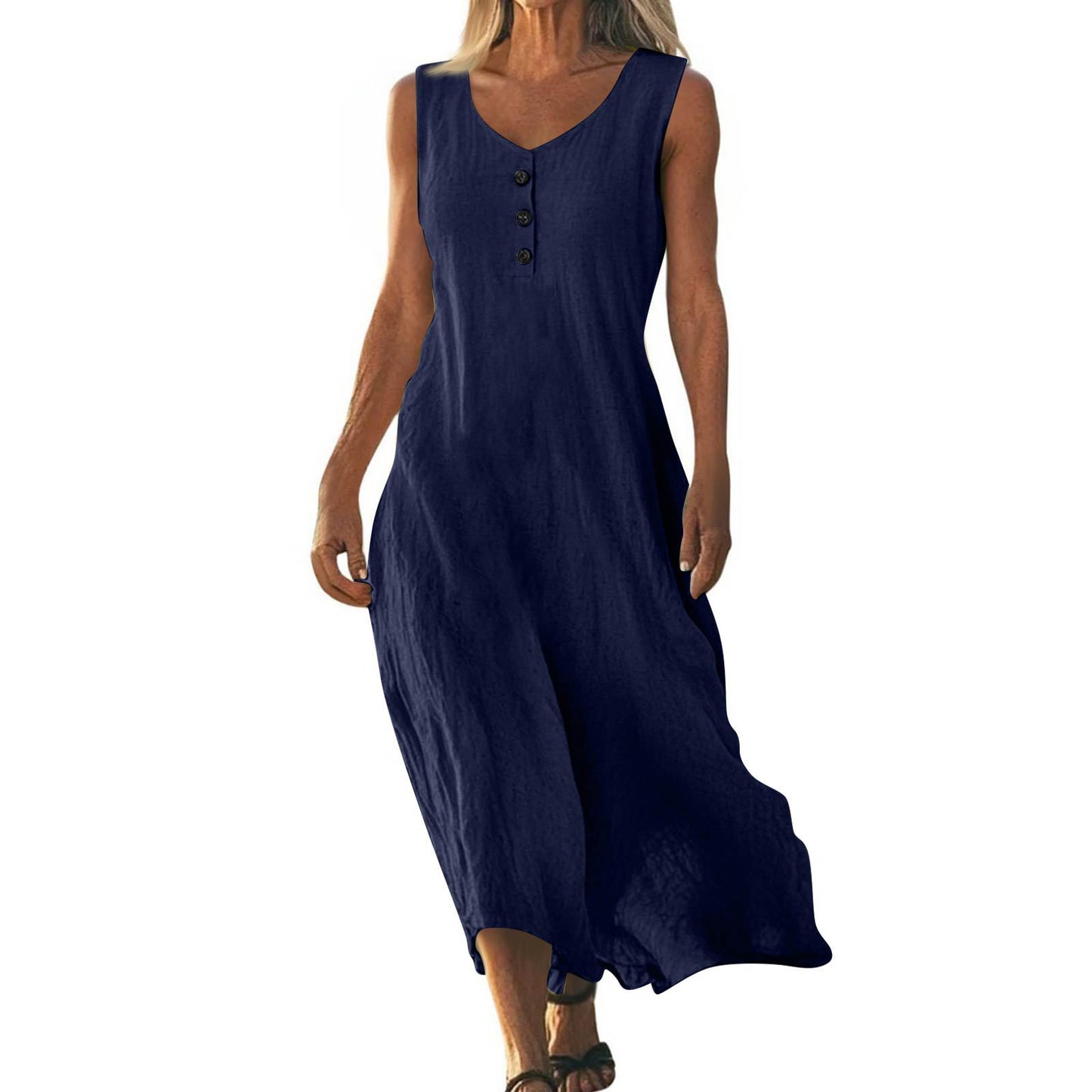 Solid-color Crewneck Sleeveless Asymmetrical Maxi Dress