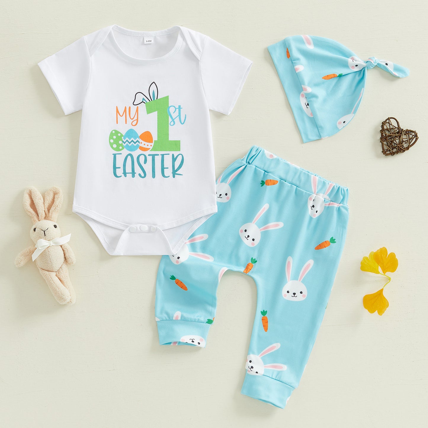 Rabbit-print Short-sleeve Romper Long Style Hat Three-piece Set