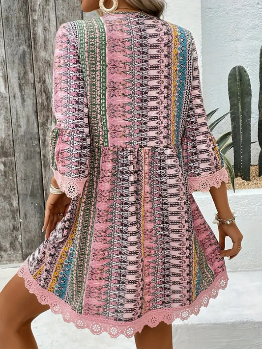 Bohemian Style V-neck Printed Dress Fashion Casual Loose Beach Dresses For Women