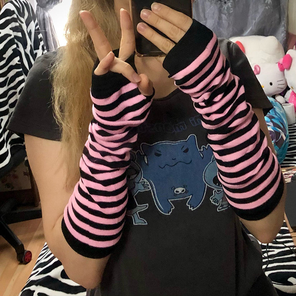 Women Fashion Lady Striped Elbow Gloves Warmer Knitted Long
