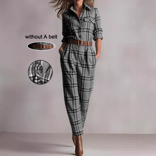 Retro Plaid High-Waisted Jumpsuit And Pockets For Women