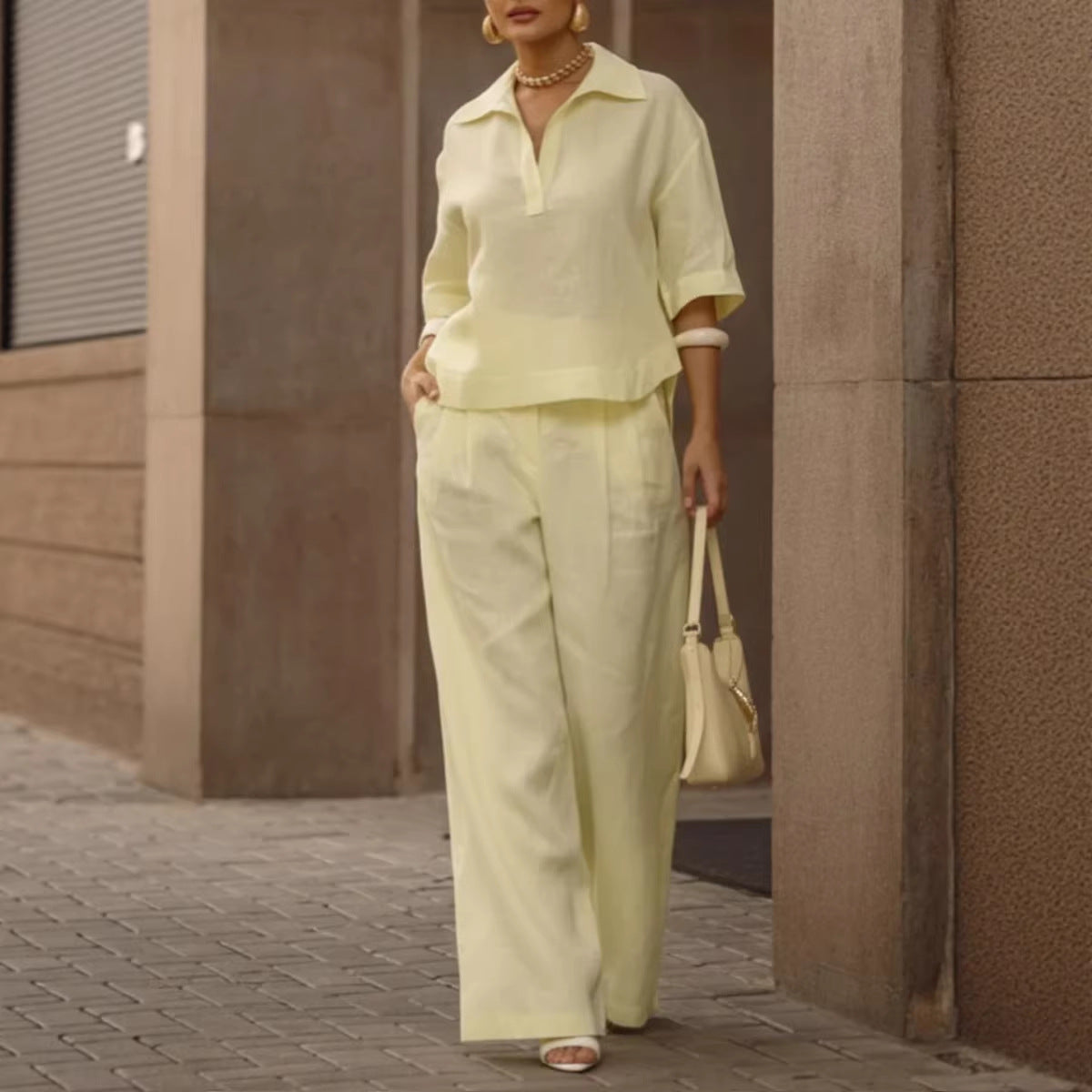 Solid-color Slimming Versatile Wide-leg Pants Two-piece Set