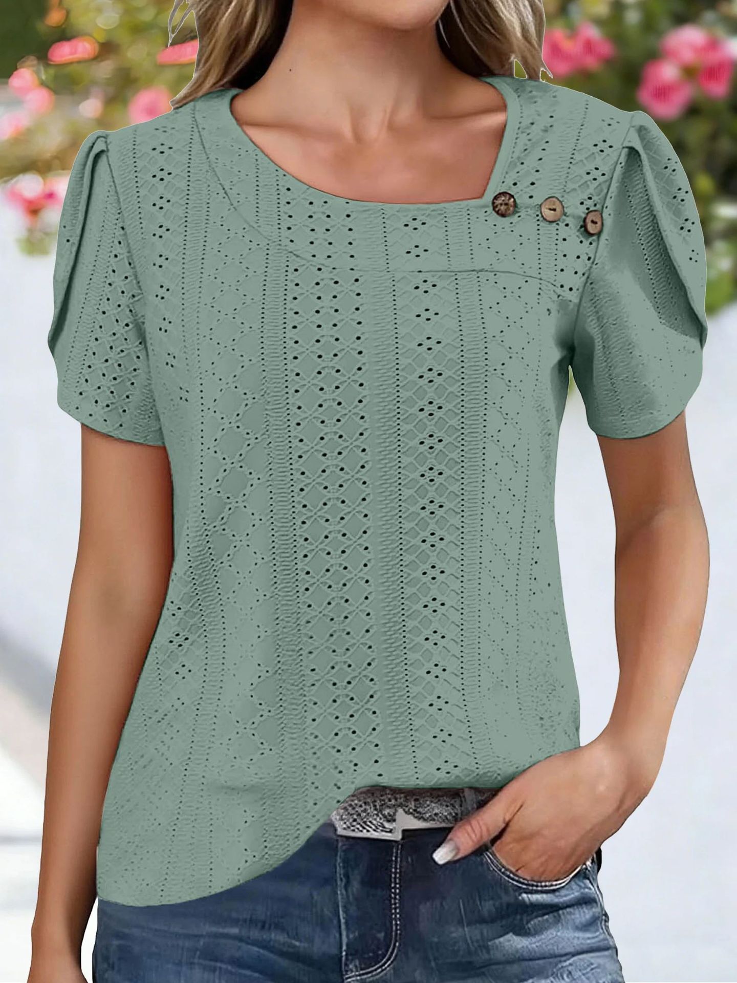 V-neck Casual Buttoned Solid-color Womens Top