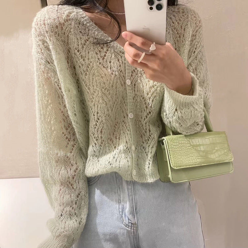 Summer V-neck Mohair Knitted Cardigan For Women
