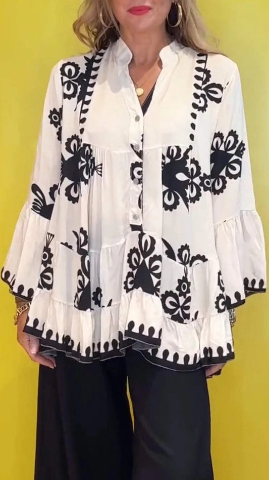 New Cross-border Foreign Trade European And American Women's Irregular V-neck Casual Loose Long Sleeved Ruffled Women's Shirt
