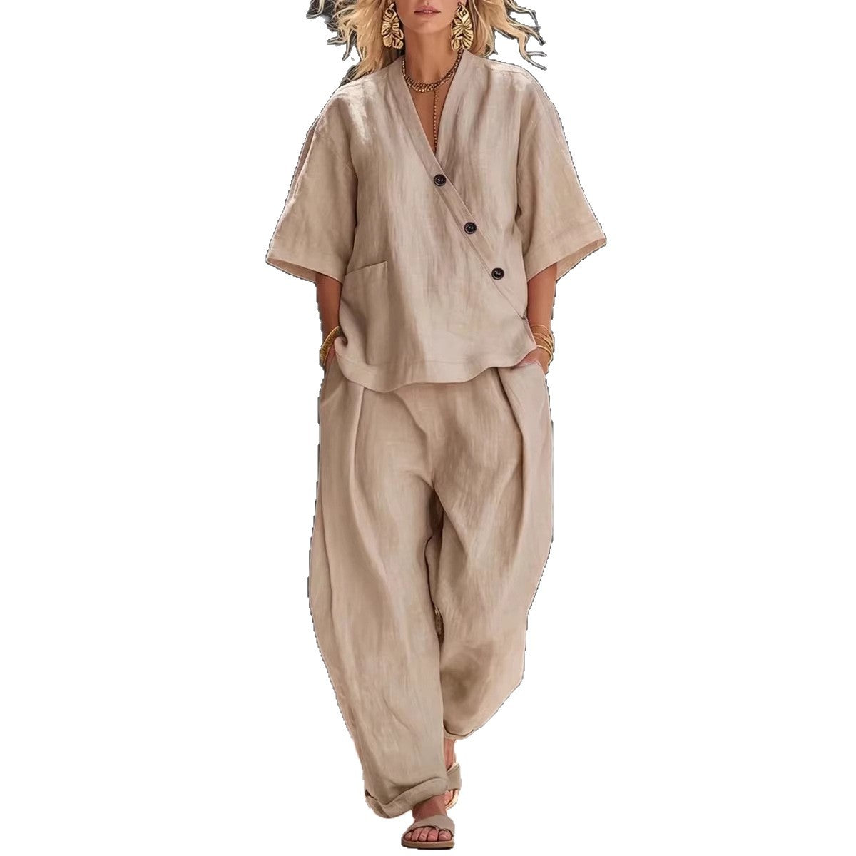 V-neck Loose-fit Short-sleeve Top And High-waist Trousers Two-piece Set