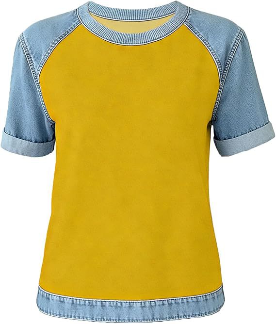 Denim Patchwork Crew Neck Short-sleeve Loose Casual Everyday Versatile