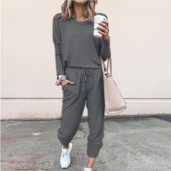 Women's Long Sleeve Suit Fashion Pullover Top And Pockets Drawstring Long Pants Solid Color Casual Sports Trouser Suit Clothing
