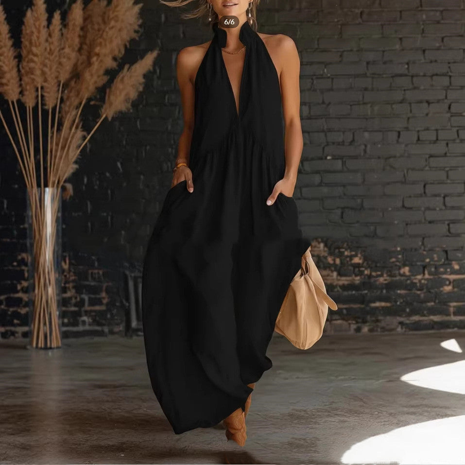 Elegant Resort-Style Mandarin-Collar Cotton-Linen Dress
