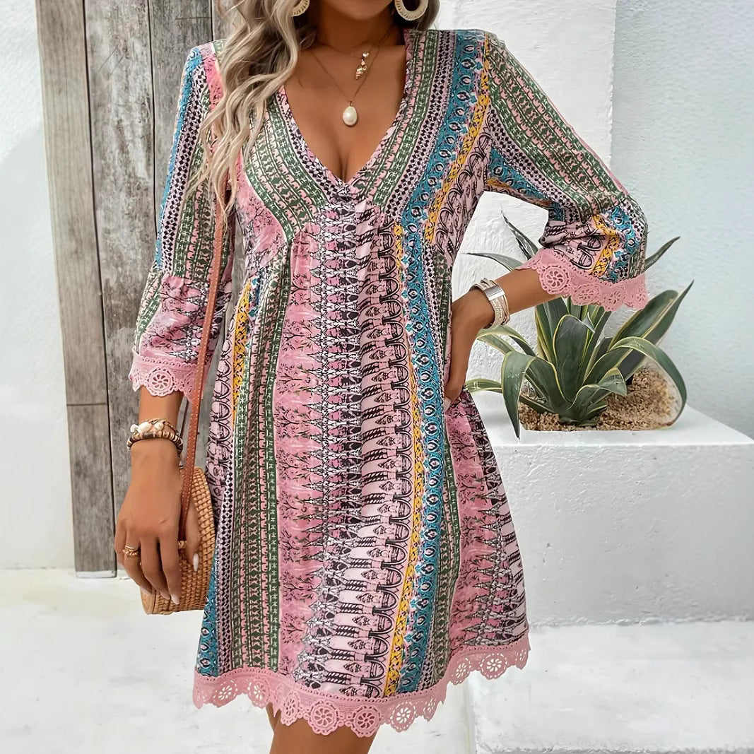 Bohemian Style V-neck Printed Dress Fashion Casual Loose Beach Dresses For Women