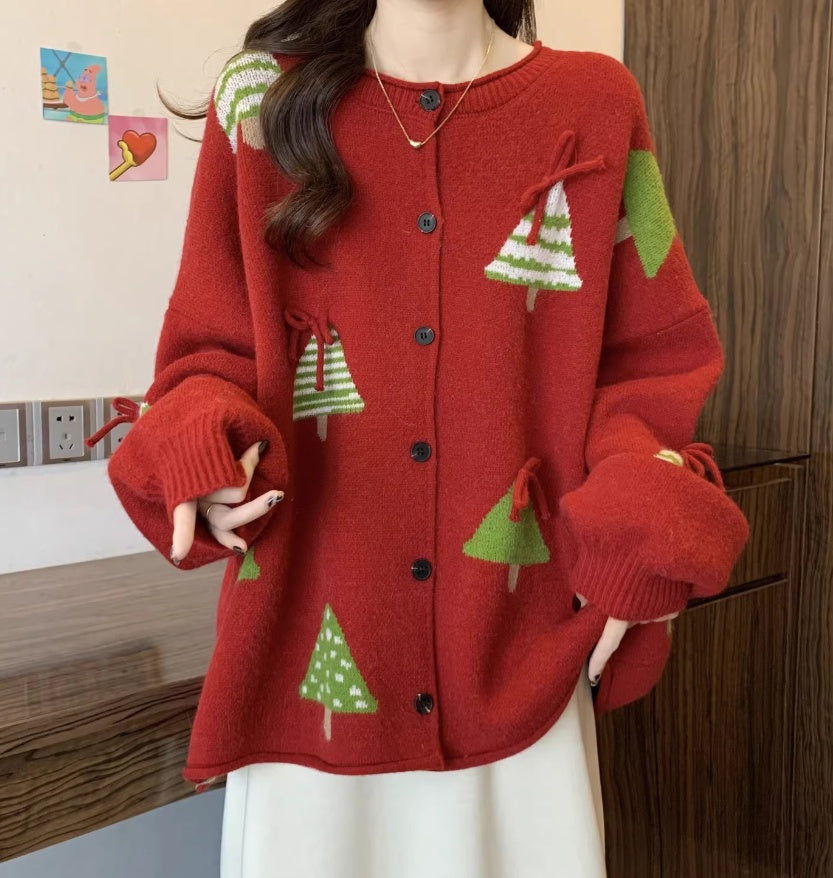 Women's Simple And Versatile Christmas Tree Red Sweater Coat
