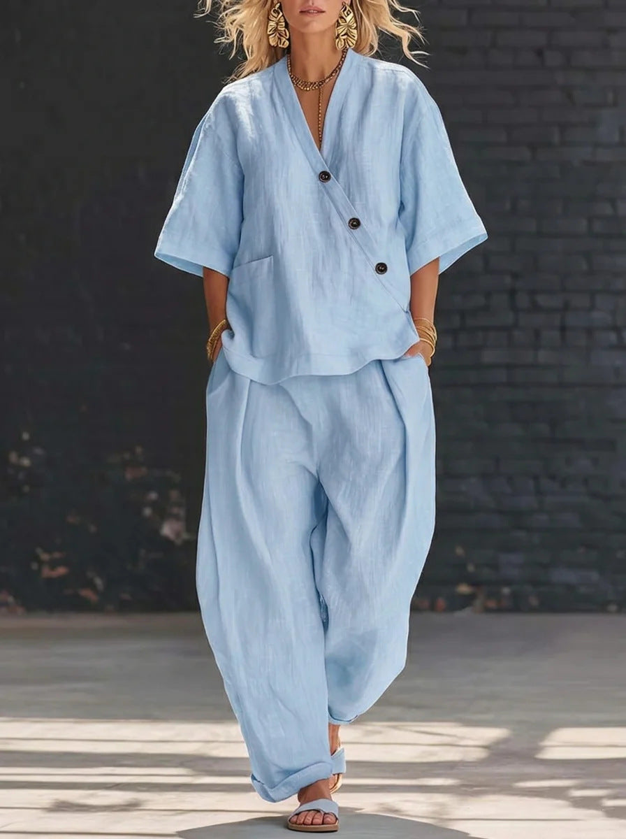 V-neck Loose-fit Short-sleeve Top And High-waist Trousers Two-piece Set