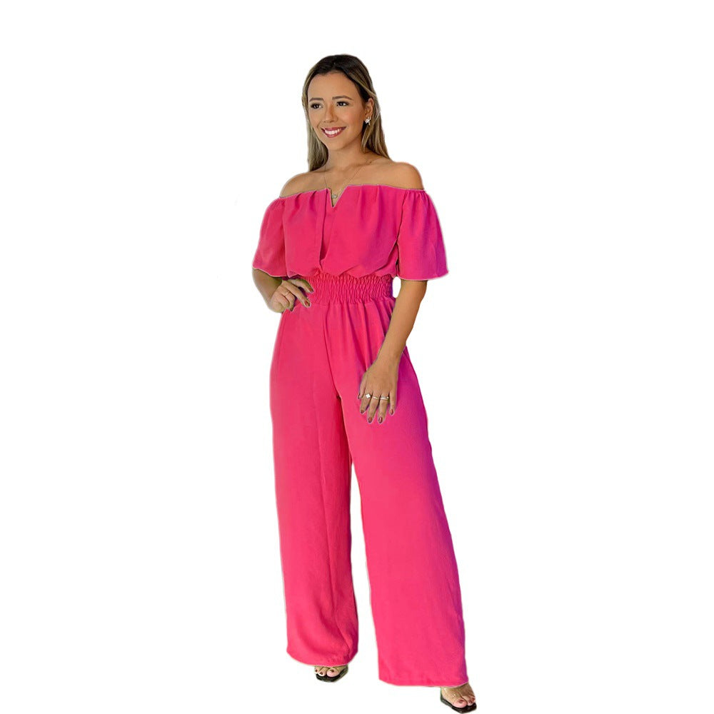 Crew-neck Waist-cinching Casual Relaxed-fit Straight-leg Jumpsuit
