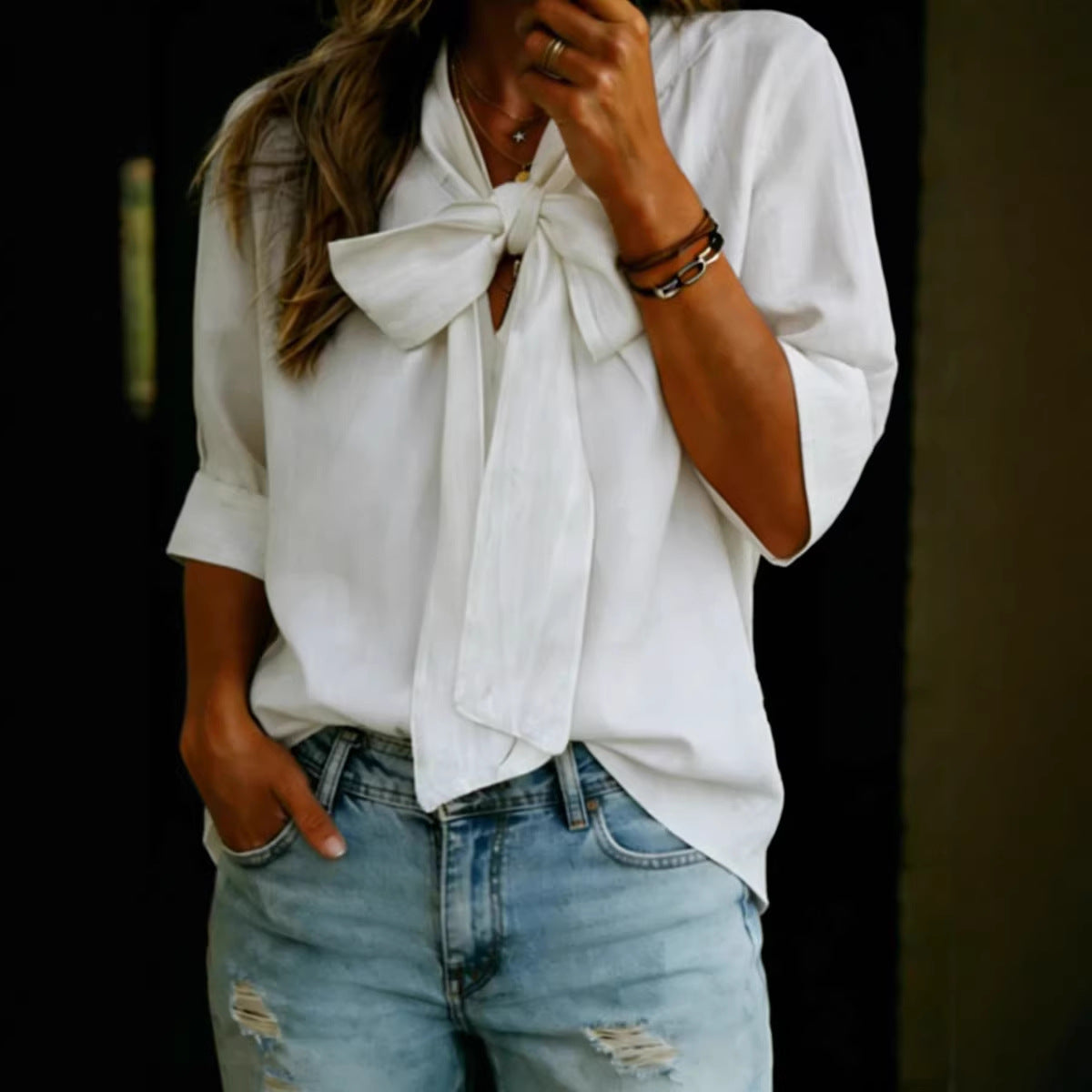 V-neck Bow-knot Loose-fit Three-quarter Sleeve Womens Top