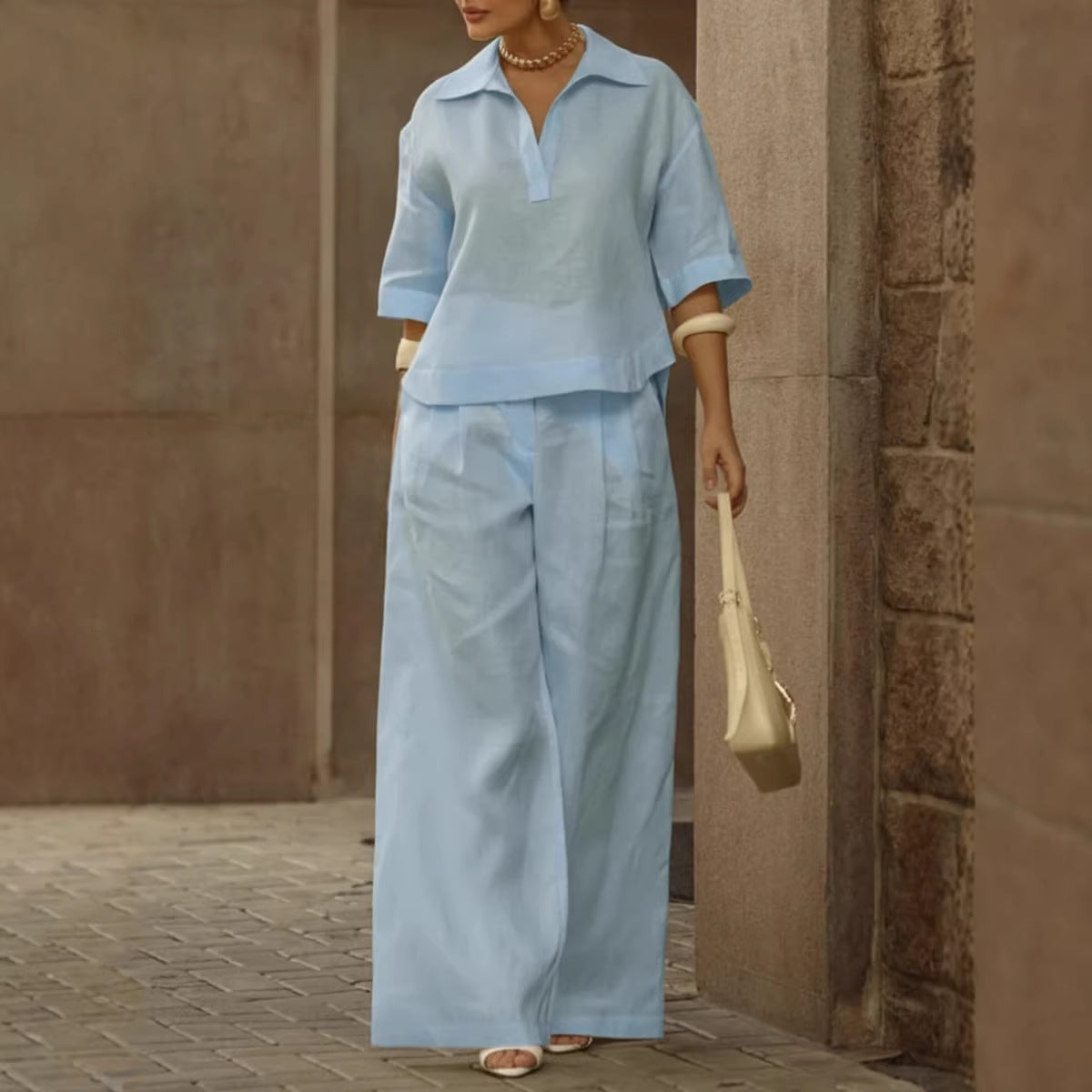 Solid-color Slimming Versatile Wide-leg Pants Two-piece Set