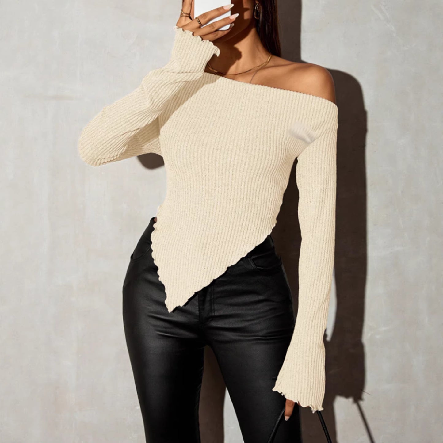 Long-sleeve Top With An Asymmetric Slant Neck And Hem