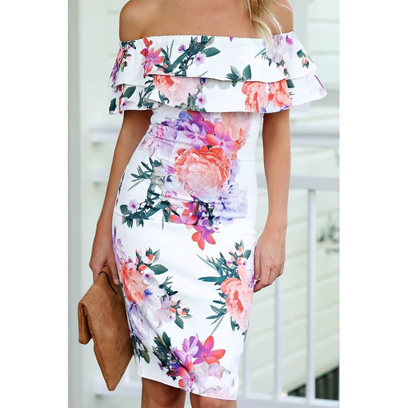 Off-Shoulder Ruffled Hem Printed Slim-Fit Pencil Dress
