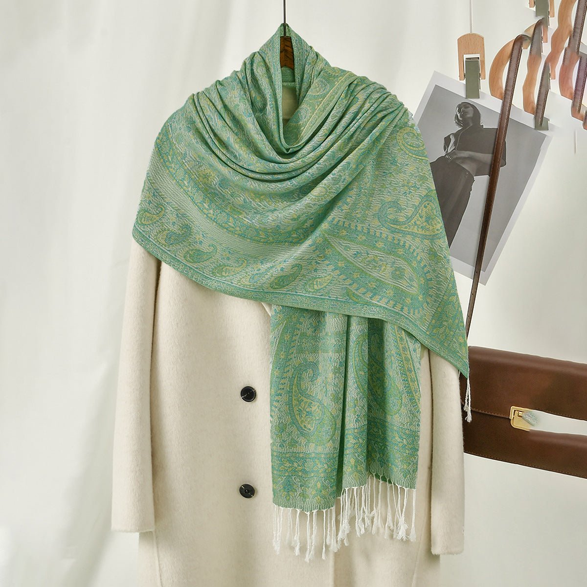 Cashew Printed Thick Jacquard Tassel Shawl For Women