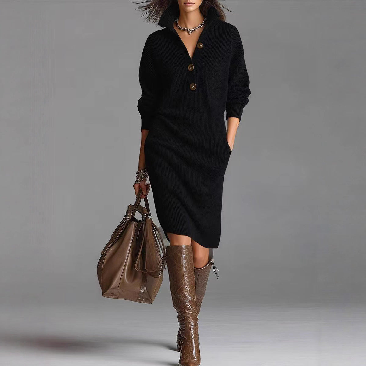Long-sleeved Sweater Dress Fashion Warm Stand-up Collar V-neck Button Pullover Dresses Winter Casual Commuting Women's Clothing